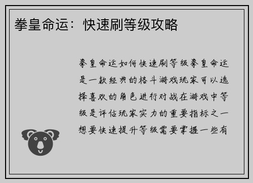 拳皇命运：快速刷等级攻略